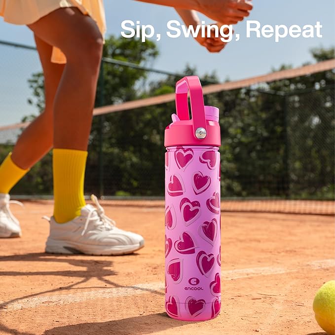 ENCOOL Valentine's Day Insulated Water Bottle with Straw Stainless Steel Water Bottle, Leak-Proof, BPA-Free, Keeps Cold for 24 Hours for Sports, Travel, School (26 oz, Sketch Hearts Pink x Pink)