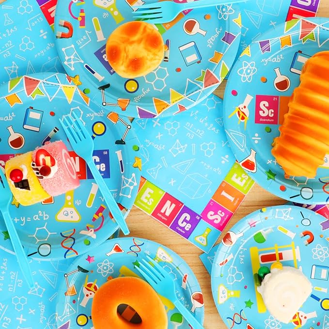 96 Pcs Science Party Plates Napkins Tableware Set Mad scientist Supplies Disposable Dinnerware Little Scientist Decoration Favors for Kids, 24 Guests