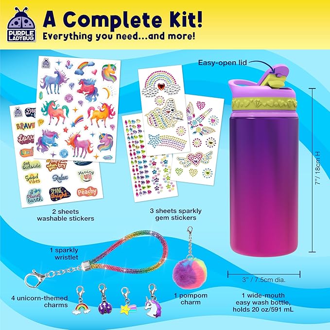 PURPLE LADYBUG Decorate Your Own Water Bottle Kit for Girls - Gift for Girls Ages 5 6 7 8 9 10 Year Old Girl Birthday Gift, Unicorn Toys Crafts Kids Ages 6-12 Mothers Day Crafts for Kids