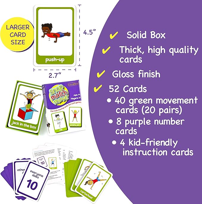 Exercise Cards for Kids - PE Equipment for Elementary School, Kids Workout Equipment Exercise Games, Classroom Exercise, PE Teacher Recess Equipment or at Home, Active Play Indoor or Outdoors