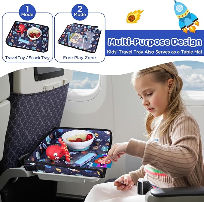 Airplane Kids Travel Tray for Toddler Car Seat - Toddler Tray for Plane or Train - Travel Essential Must-Haves and Flying Supplies - Blue Space