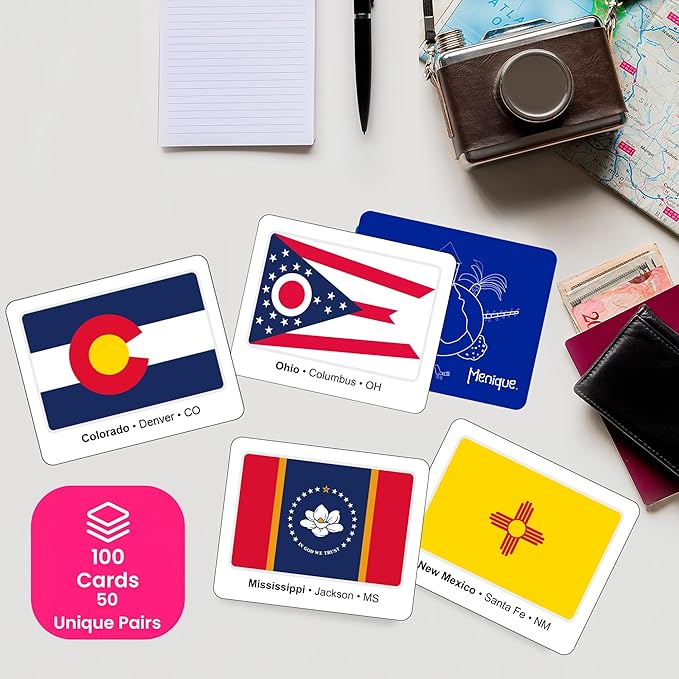 Menique U.S. States Flags Memory Matching Game – 100 Cards (50 Pairs) – Learn State Flags, Capitals & Abbreviations – Educational Card Game for Kids and Adults