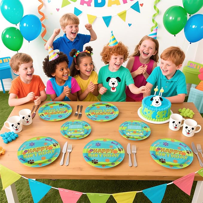 Grencian 96Pcs Mysterious Dog Birthday Party Supplies Blue Green Dog Plates and Napkins Carton Dogs Paw Tableware Set for Kids Birthday Baby Shower Party Supplies