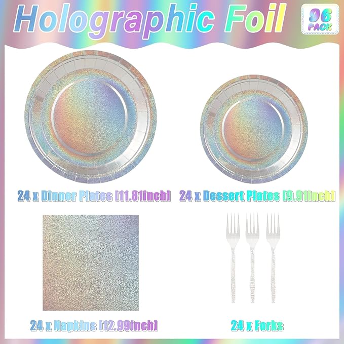 96 Pcs Iridescent Birthday Tableware Set Iridescent Party Supplies Decorations Holographic Foil Paper Plates and Napkins for Bachelorette Wedding Y2K Disco 24 Guest Birthday Party Favor
