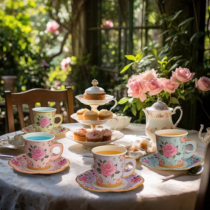 Umigy 36 Sets Mother's Day Tea Party Decorations 9 oz Floral Paper Teacups & Saucer Set for Girls Women Tea Parties Mothers Day Bridal Shower Wedding Birthday Party Decorations(Mixed Color)