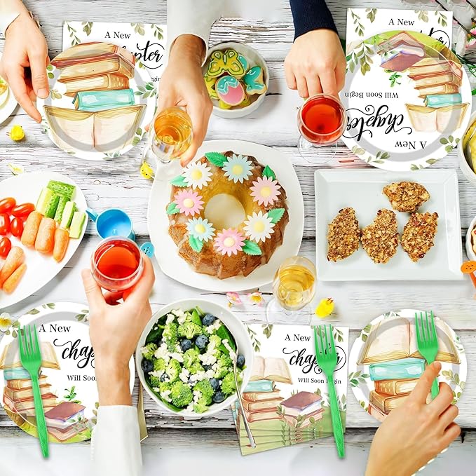 96Pcs Storybook Party Plates and Napkins for Book A New Chapter Will Soon Begin Themed Paper Dessert Plates School Library Reading Tableware Set for Baby Shower 24 Guests Birthday Party Decorations