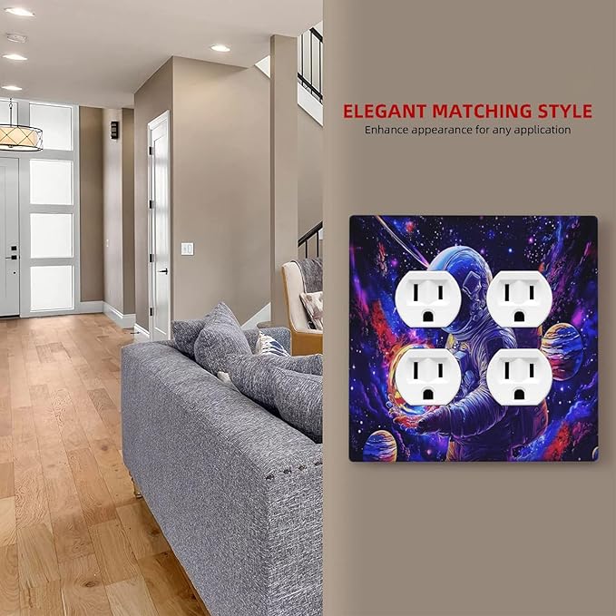 Astronaut Space Cool Galaxy Planet Outlet Covers 2 Gang Double Duplex Decorative Light Switch Covers Electrical Wallplates Socket Faceplate for Kids Room Nursery Decor
