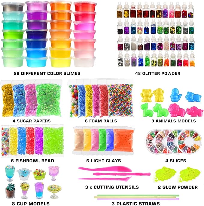 126 Pcs DIY Slime Making Kit for Girls Boys - Birthday Idea for Kids Age 5+. Ultimate Supplies Include 28 Crystal Slime, 2 Glow in The Dark Powder, 48 Bottle Glitter Jar etc.