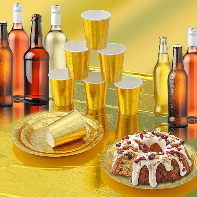 Sparkling Star Patterned Disposable Tableware Set, 201 Pieces, Tablecloths, Cutlery, Napkins, Cups, Straws, Plates for Parties, Birthdays, Graduations, Kids Events. 25Guest (Gold)