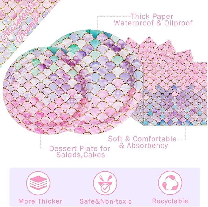 Mermaid Birthday Party Supplies-Mermaid theme Birthday Decorations,Ocean Party Supplies Disposable Dinnerware for Girls Baby Shower Serves 25 Guests with Paper Plates,Napkins,Tablecloth