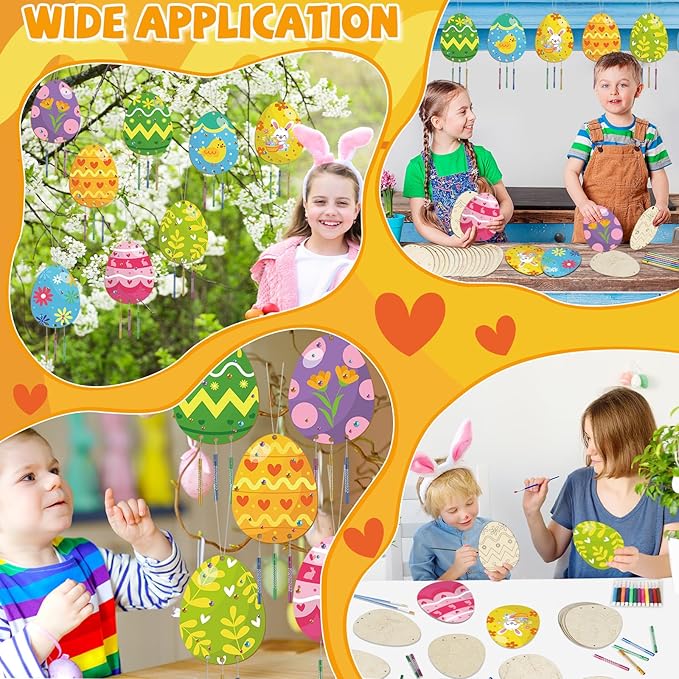 16 Pack Easter Egg Wind Chime Kits Easter Crafts for Kids Make Your Own Easter Egg Wind Chime Wooden DIY Arts and Crafts for Spring Party School Classroom Hanging Decoration Supplies Birthday Favors