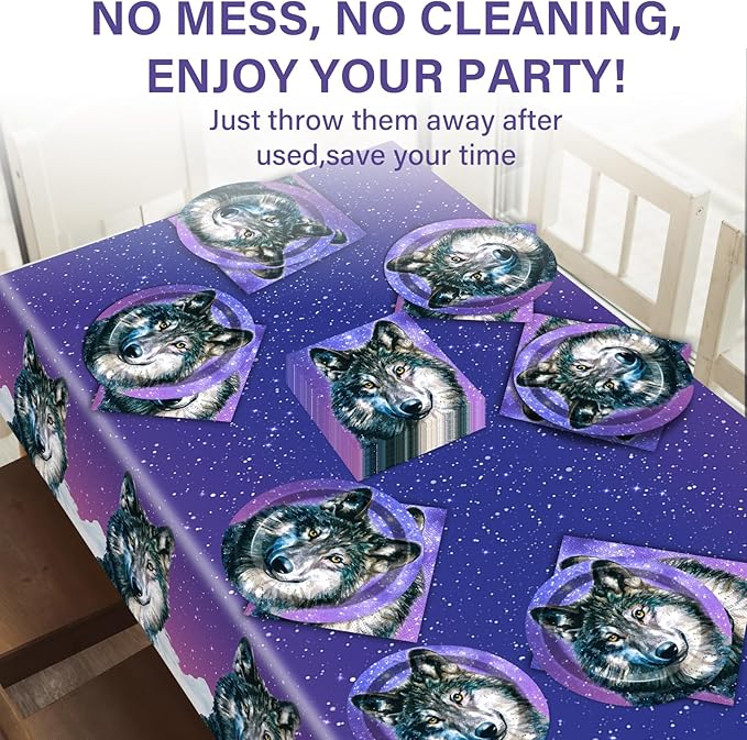 Qyeahkj Wolf Party Supplies Serves 24 Wolf Theme Party Paper Plates Napkins Wolf Tablecloth Set Tableware Kit for Kids Birthday Party Baby Shower
