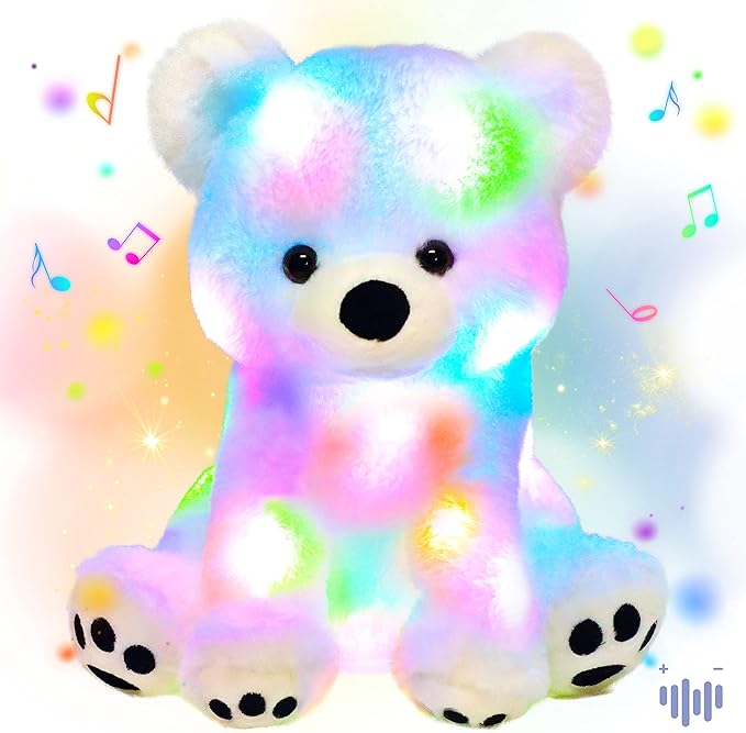 Hopearl LED Musical Stuffed Polar Bear Lighting Up Singing Plush Toy Adjustable Volume Lullaby Animated Soothe Birthday Festival for Kids Toddler Girls, White, 11''