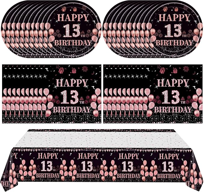 Ryzovo 41Pcs 13th Birthday Decorations for Girls Rose Gold Happy 13 Birth Party Supplies for Her Including Tablecloth,Plates,Napkins, 13 Year Old Girl Birthday Tableware for Sweet Teenager Party