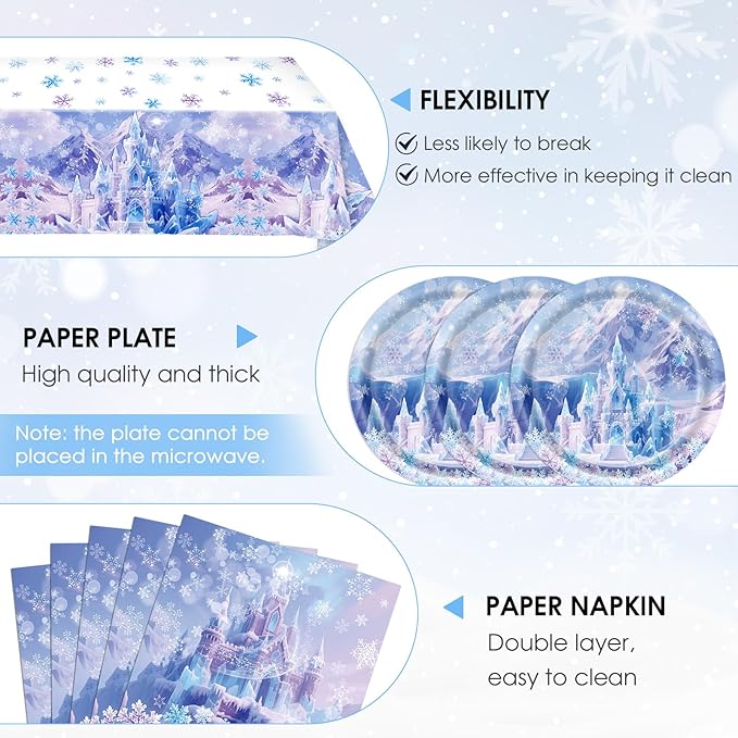41Pcs Winter Wonderland Decorations Snowflake Castle Party Supplies Blue Purple Snowflake Plates Napkins Tablecloth, for Winter Birthday, Baby Shower, Princess Party Decor, Classroom Celebration