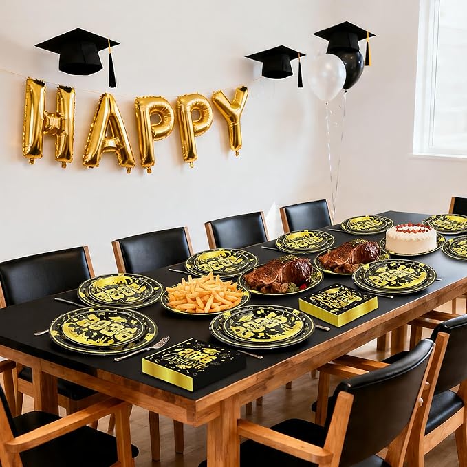 144Pcs 2026 Graduation Plates and Napkins for 48 Guests, Black and Gold Congrats Grad Party Supplies, Class of 2026 Disposable Paper Plates Napkins Forks for Graduation Party Decorations