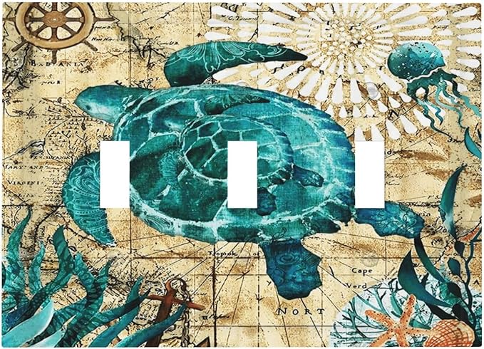 Blue Greem Nautical Ocean Map Tortoise Turtle 3 Gang Light Switch Plate Ocean Octopus Marine Coral Beach Theme Decorative Triple Toggle Wall Plate Outlet Cover Electrical Faceplate