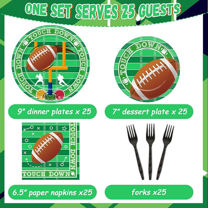 Qyeahkj 100 Pcs Football Party Plates and Napkins Set Football Birthday Party Decorations Supplies Football Tableware Football Themed Party Favors for Boys Kids Sports Fans Events Serves 25