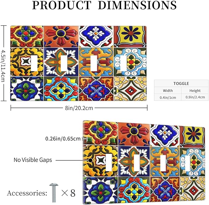 Vintage Colorful Boho Mexican Moroccan Tile Light Switch Covers Quad Toggle Electrical Faceplate 4 Gang Wall Plate Decorative Switch Plates for Farmhouse Home Decor