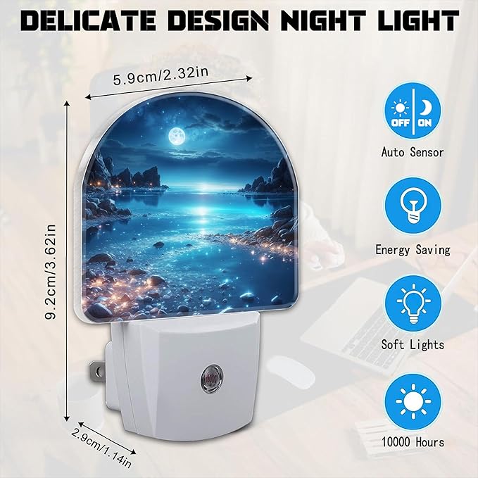 Full Moon and Sparkling Lake Night Light for Kids,Magical Beach at Night Plug in Night Light with Dusk to Dawn Sensor, 0.5w Energy Saving Nightlight for Hallway Stairway Kitchen Bedroom