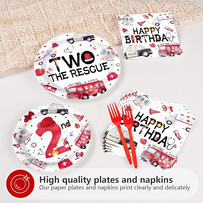 Grencian 96Pcs Two the Rescue Birthday Decorations Emergency Vehicle Theme Plates and Napkins Fire Truck Tableware Ambulance Dinnerware for Kid Emergency Vehicle 2 Years Old Birthday Party Decorations