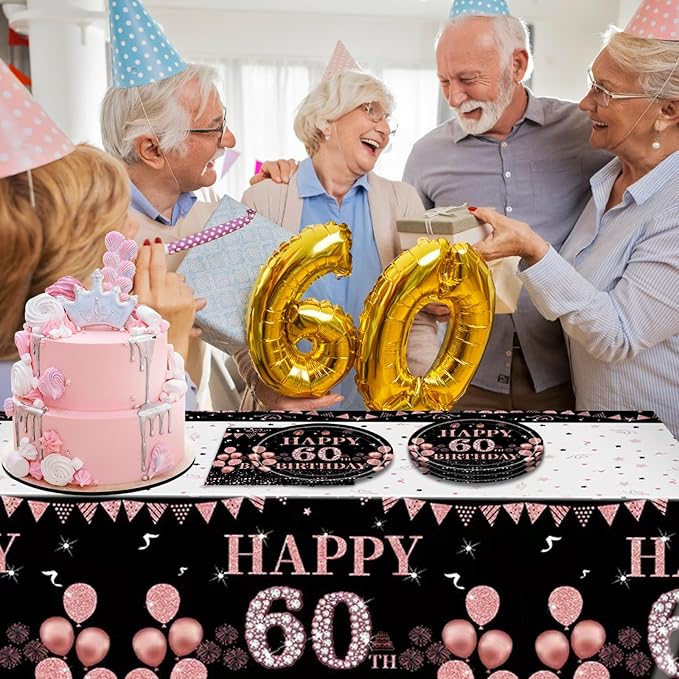 41Pcs 60th Birthday Decorations for Women, Vintage 60 Birthday Black and Rose Gold Disposable Paper Plates and Napkins Party Supplies for 20 Guests, 41Pcs Include 7" Plates Napkins and Tablecloth