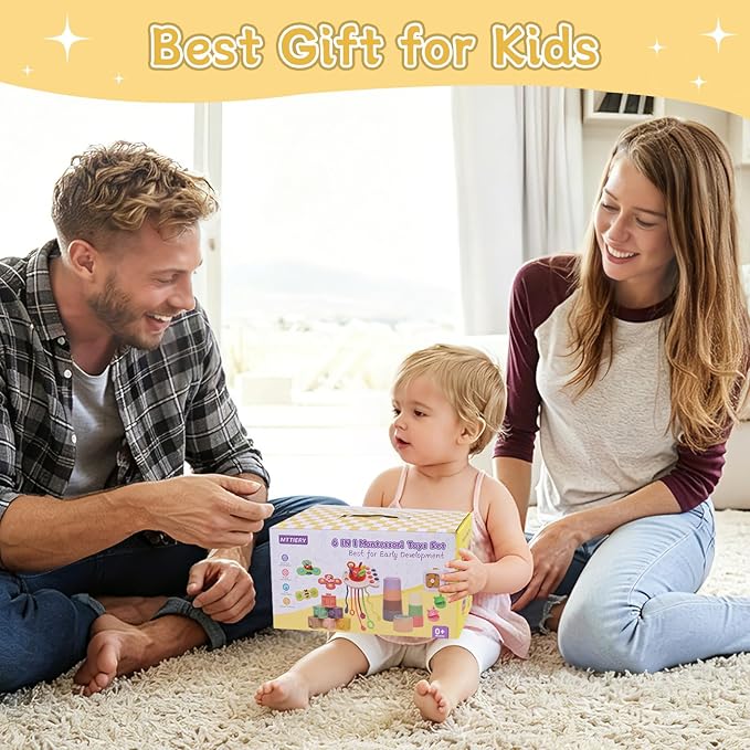 Baby Toys 6-12 Months, 6 in 1 Montessori Toys for Toddlers 1-3, Infant Sensory Pull String Toy, Fidget Spinners Soft Baby Blocks Stacking Cups, Baby Gifts for 1 Year Old