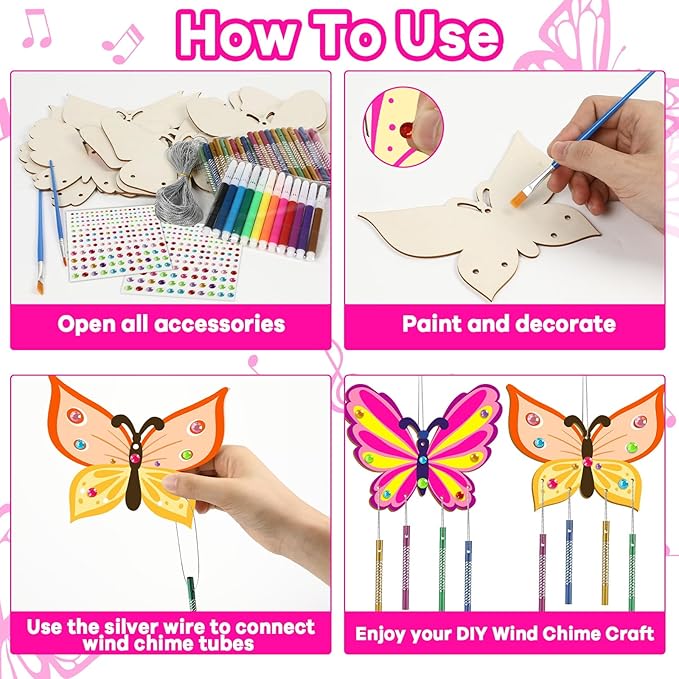 16 Pack Butterfly Wind Chime Kits Butterfly Crafts for Kids Make Your Own Butterflies Wind Chime Wooden DIY Arts and Crafts for Spring Summer Party School Classroom Decorations Supplies Birthday Favor
