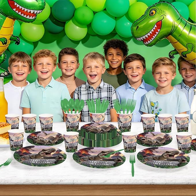 168Pcs Dinosaur Birthday Party Supplies Classic Dino Themed Paper Plates Napkins Cups Realistic Dinosaur Jungle Disposable Tableware for Kids Boys Birthday Party Decorations Serves 24