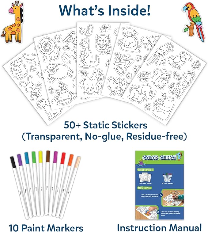 Skillmatics Cling Art – Color Clingz Animals, 50+ Reusable Static Stickers, Mess-Free Fun for Kids, DIY Craft Kits & Supplies, Travel Toys, Creative Gifts for Boys and Girls Ages 3, 4, 5, 6, 7