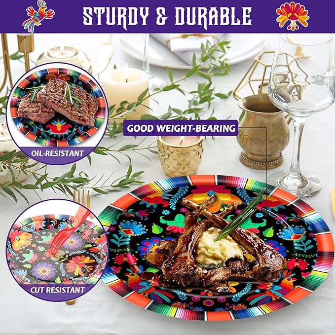 100PCS Mexican Fiesta Party Plates and Napkins Party Supplies Mayo Mexico Mexican Tableware Dinnerware Set Decorations for Dia De Los Muertos Day of The Dead Dance Pinata Colorful Ponchos Serves 25