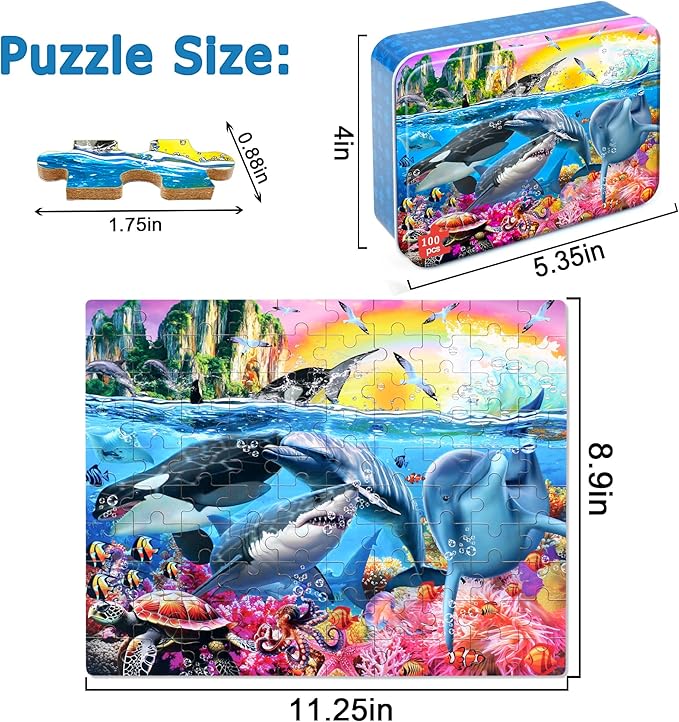 LELEMON Puzzles for Kids Ages 4-6,Underwater World 100 Piece Puzzles for Kids Ages 4-8 in a Metal Box, Educational Jigsaw Puzzles 100 Piece Puzzle Games Puzzle Toys for Girls and Boys