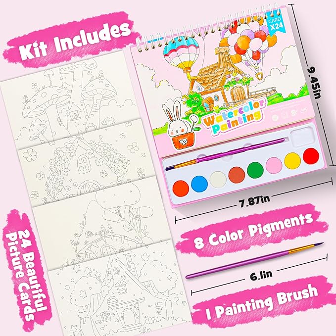 JCREN Paint with Water Books for Kids, Watercolor Coloring Book Mess Free Watercolor Painting Set, Arts and Crafts Water Color Paint Kit Birthday Gifts for Kids Toddlers 3-5 Boys Girls(House)