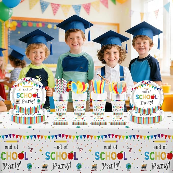 MEHOFOND End of School Party Decorations Tableware Set 193 Pcs, School Out Graduation Disposable Plates Cups Napkins Cutlery with Plastic Tablecloth for Kids Classroom Graduation Party