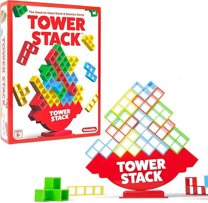 Tower Stack By Relatable, Exciting Tower Game for Kids & Adults Family Game Night, Fun Stacking and Building Toys, Includes 36 Cards, 24 Blocks, 1 Tower Body, 1 Tower Stand, and Instructions
