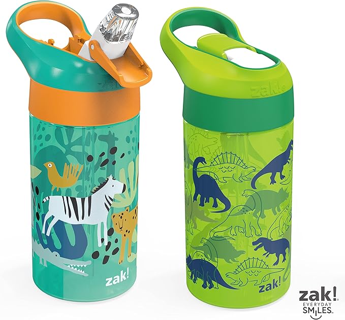 Zak Designs 16oz Riverside Kids Water Bottle with Spout Cover and Built-in Carrying Loop, Made of Durable Plastic, Leak-Proof Water Bottle Design for Travel (Dino Camo & Safari, Pack of 2)