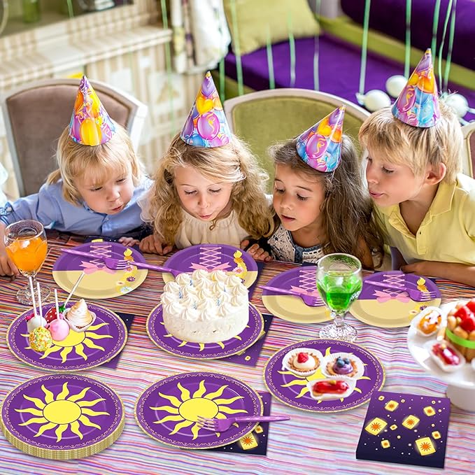 96Pcs Purple Sun Party Decorations Purple Princess Paper Plates and Napkins Princess Sun Themed Disposable Tableware Set for Girls Birthday Baby Shower Wedding Fairytale Party Supplies Serves 24