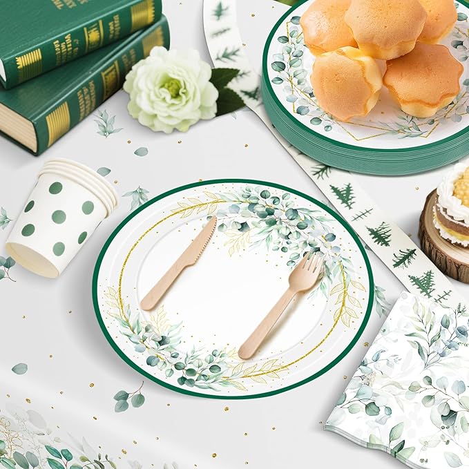 40 Pcs Sage Green Plates and Napkins - Sage Green Party Decorations Tableware Set, Disposable Round Paper Plates Eucalyptus Napkins for Birthday Bridal Wedding Baby Shower Party Supplies, Serves 20