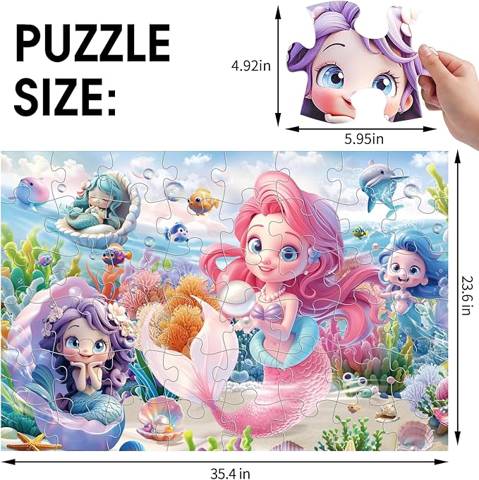 Jumbo Floor Puzzle for Toddlers & Kids Ages 3-5, 48-Piece Mermaid and Underwater Large Jigsaw Puzzle with Educational Fun, Easter Gift for Boys & Girls Ages 4-8