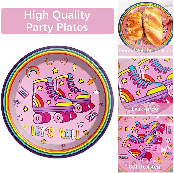Qyeahkj 100 Pcs Roller Skating Party Plates and Napkins Set Pink Roller Skate Birthday Decorations Supplies Tableware Roll Skating Themed Party Favors for Girls Birthday Decorations Serves 25