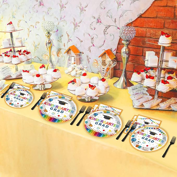 Kindergarten Graduation Party Supplies Pre-K Grad Tableware Set Preschool Graduation Plate Napkin Kindergarten Disposable Paper Dinnerware Kit for Graduate Party decoration Favor 24 Guest (White)