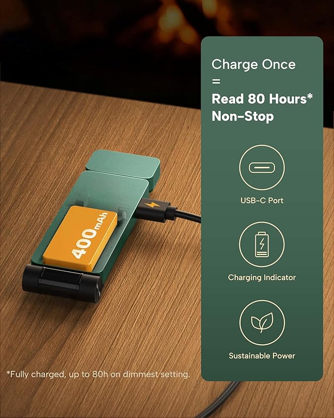 86lux Book Light, Rechargeable Clip-On LED Reading Light for Bed & Night Use - 3 Color Temperatures with Stepless Dimming, Ultralight Bookmark Design for Kids, Book Lovers, Green