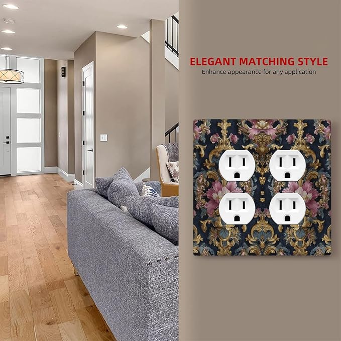 Decorative Outlet Covers Rococo Pink Floral Flower Gold Leaf 2 Gang Light Switch Cover Plate Double Duplex Wall Plates for Electrical Outlets Switch Plate Covers for Bedroom Home Decor