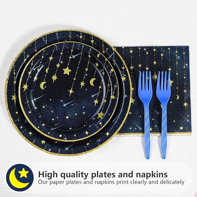 Grencian Gold Star Moon Party Supplies - 96Pcs Moon and Stars Party Supplies Plates and Napkins Navy Blue Celestial Hanging Crescent Disposable Tableware for Celestial Birthday Decorations Serve 24