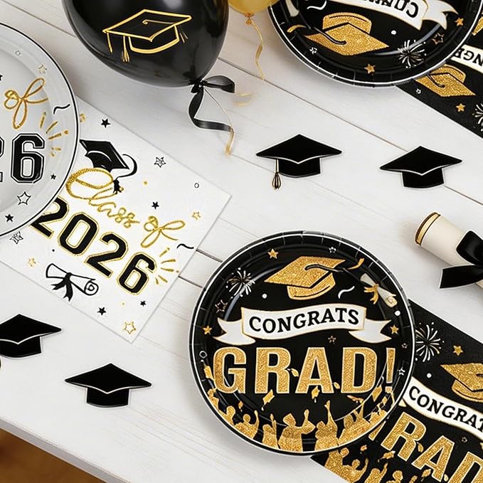 Graduation Plates and Napkins 2026,97PcsBlack Disposable Grad Plates Class of 2026 Dessert Plates Napkins,Tablecloth,Forks,Graduation Decorations for Congrats Grad Party,Serve 24