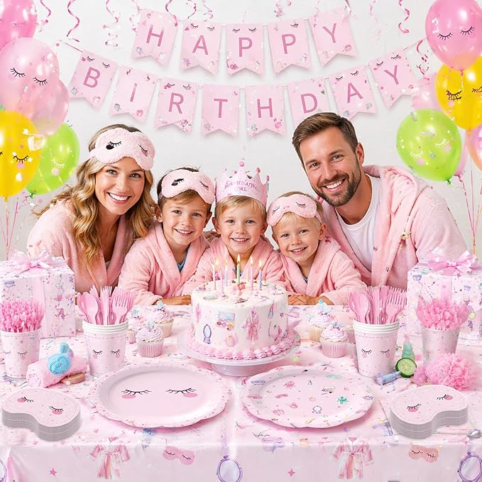168Pcs Spa Paper Plates Napkins Pink Slumber Spa Tableware Set Sleepover Girls Makeup Birthday Party Supplies for Pajama Party Decorations Serves 24 Guests