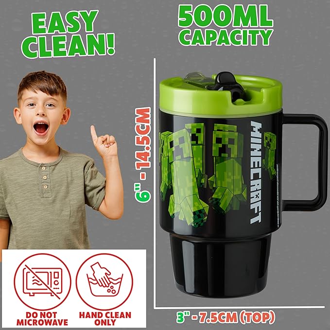 Get Trend Minecraft Kids Water Bottle with Straw 16.9 oz BPA Free Plastic Leakproof Cup with Lid Handle Reusable Drinking Tumbler Gifts for Kids (Green Minecraft)
