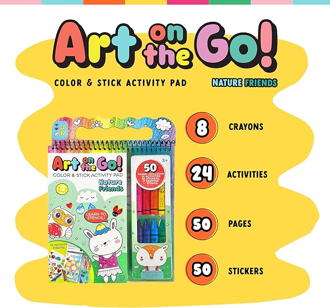 Bright Stripes Art on the Go Nature Theme Travel Kit for Kids Ages 3+ | Mess-Free 50 Pages Coloring & Sticker Activity Set with Crayons & Stencil | Portable Art Set for Toddlers and Preschoolers