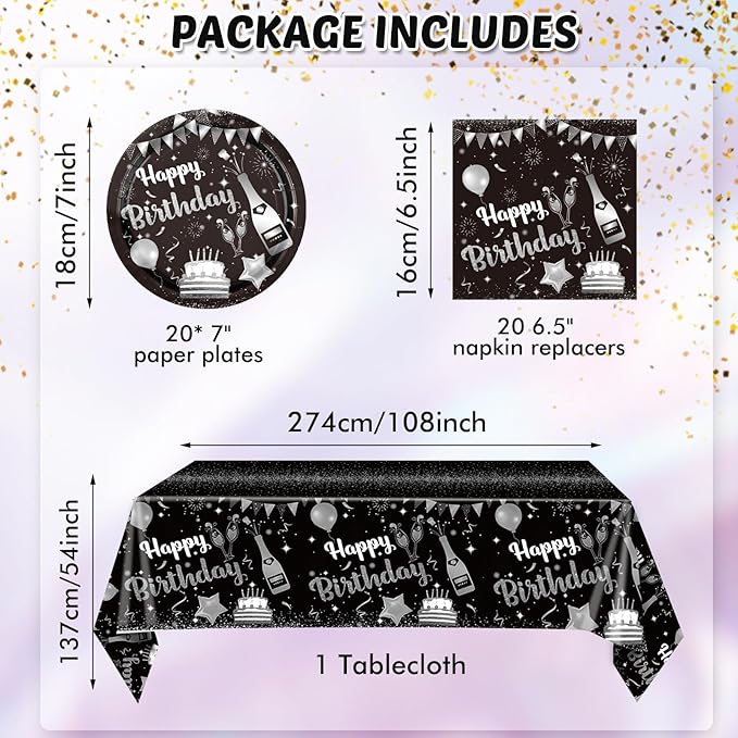 41PCS Black and Silver Birthday Decorations Happy Birthday Disposable Tableware Decor Plates Napkins Tableclot Set for Men Women Service20