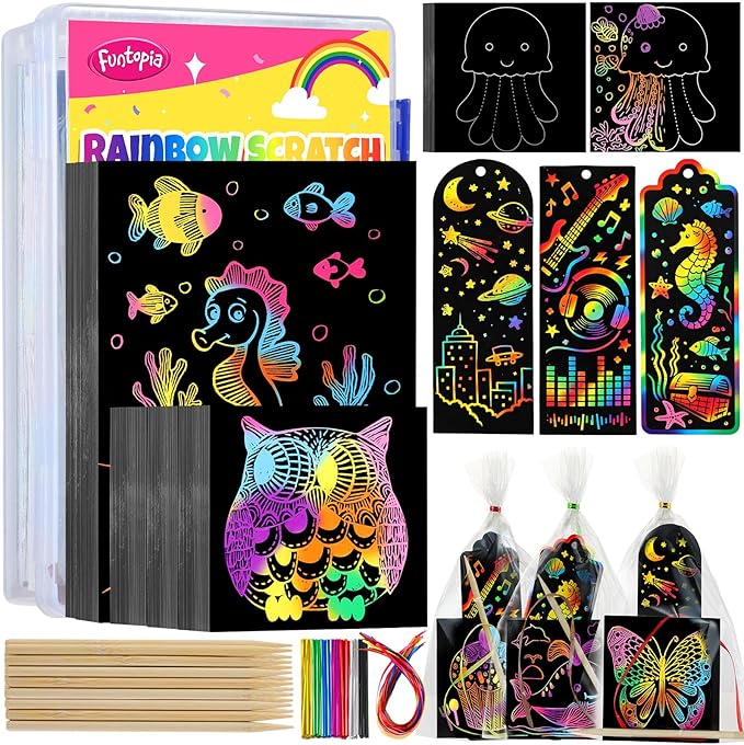 Funtopia 240 Sheets Rainbow Scratch Paper, Color Scratch Art for Kids Ages 4 5 6 7 8 9 10 Girls Boys, Art Crafts Party Favors Drawing Kits with Guide for School Classroom Travel Birthday Party Gifts